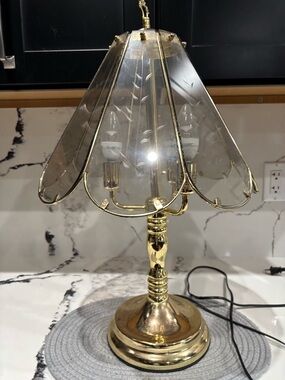 Vintage Brass Table Lamp with Petal Glass Shade - Gold. Touch on/off